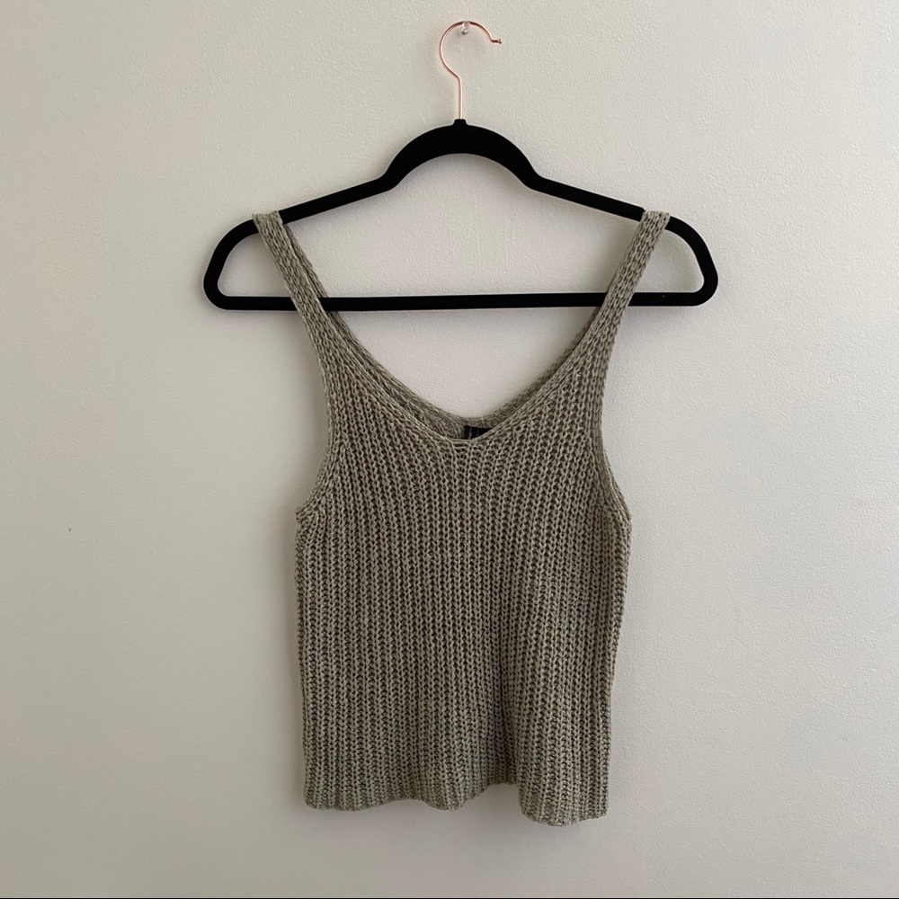 Woven V Neck Khaki Cropped Tank | Boho Top | Sz M